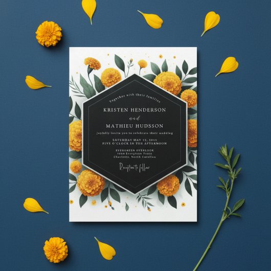 Golden Marigold Botanical Romance Wedding 招待状
