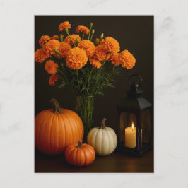 Golden Marigolds Pumpkin Glow Candlelight Postcard ポストカード
