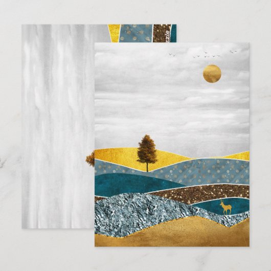 Golden Meadow with Tree and Deer ポストカード (正面/裏面)