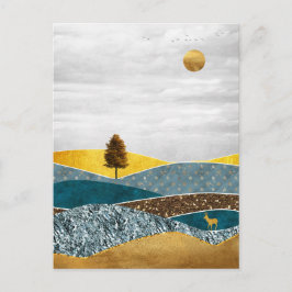 Golden Meadow with Tree and Deer ポストカード