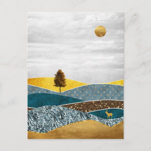 Golden Meadow with Tree and Deer ポストカード (正面)