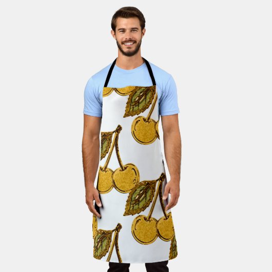 Golden Metallic Cherries Pattern エプロン (着用した状態)