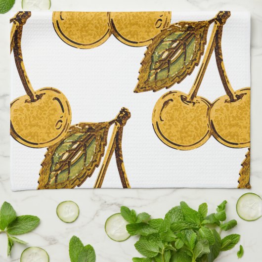 Golden Metallic Cherries Pattern キッチンタオル (折り畳み)