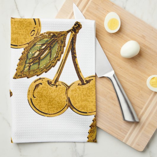Golden Metallic Cherries Pattern キッチンタオル (四つ折り)
