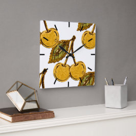 Golden Metallic Cherries Pattern スクエア壁時計