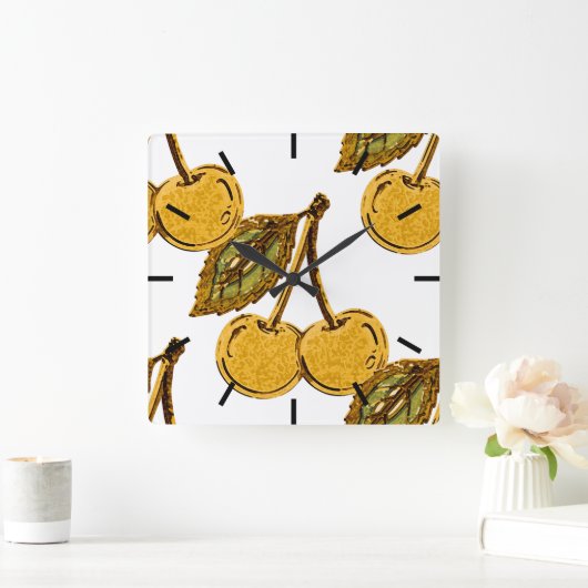 Golden Metallic Cherries Pattern スクエア壁時計 (ホーム)