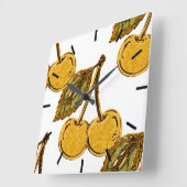 Golden Metallic Cherries Pattern スクエア壁時計 (傾斜)