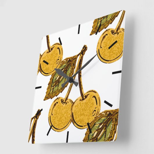 Golden Metallic Cherries Pattern スクエア壁時計 (傾斜)