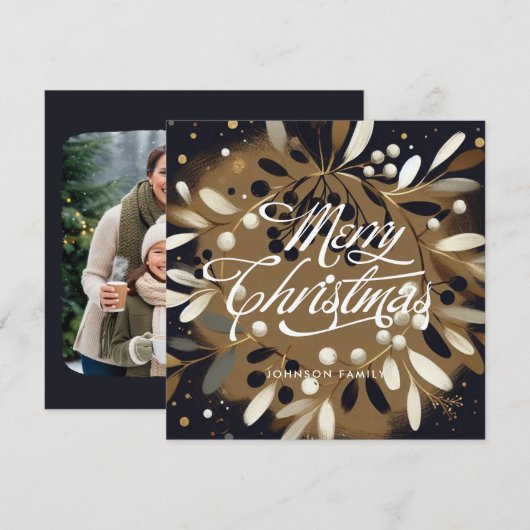 Golden mistletoe wreath Flat Holiday Card シーズンカード (正面/裏面)