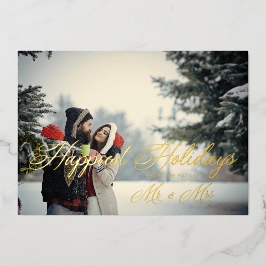 Golden Modern Mr & Mrs Happiest Holidays Christmas 箔シーズンカード (正面)