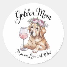 Golden Mom Sticker Runs on Love and Wine Dog Decal ラウンドシール