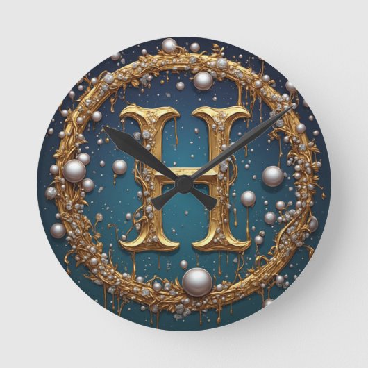 Golden Monogram Initial Letter H ラウンド壁時計 (正面)