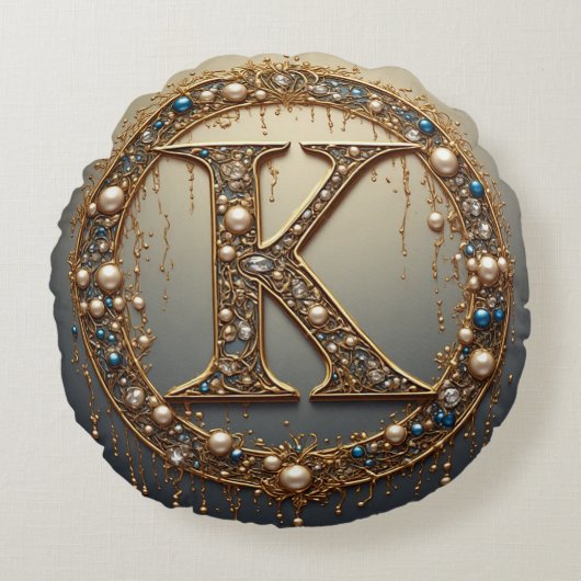 Golden Monogram Initial Letter K ラウンドクッション (正面)
