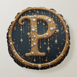 Golden Monogram Initial Letter P ラウンドクッション