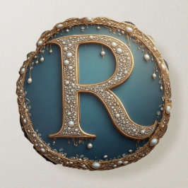 Golden Monogram Initial Letter R ラウンドクッション