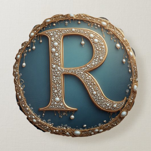 Golden Monogram Initial Letter R ラウンドクッション (正面)