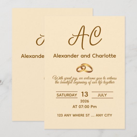 Golden Monogram Wedding Invitation Card 招待状 (正面/裏面)