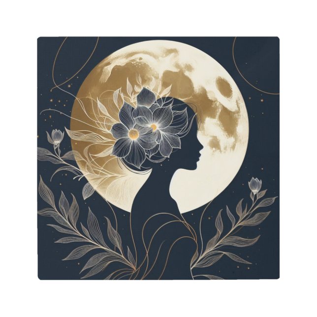 Golden Moon & Feminine Line Art for Modern Walls メタルプリント (正面)