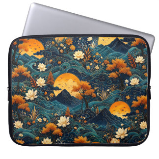 Golden Moon Mountain Night Sky Lotus Floral Pattrn ラップトップスリーブ