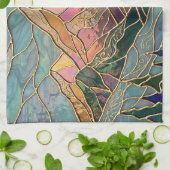 Golden Mountain Peaks Forest Stained Glass Art キッチンタオル (折り畳み)