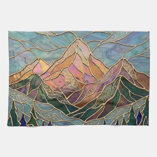 Golden Mountain Peaks Forest Stained Glass Art キッチンタオル (横)