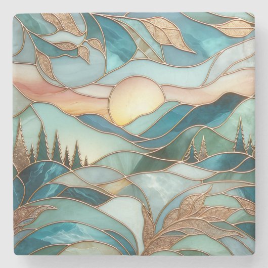 Golden Mountain Peaks Forest Stained Glass Art ストーンコースター (正面)