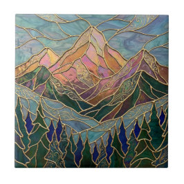 Golden Mountain Peaks Forest Stained Glass Art タイル