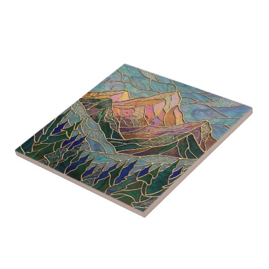Golden Mountain Peaks Forest Stained Glass Art タイル (側面)