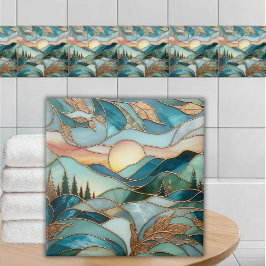 Golden Mountain Peaks Forest Stained Glass Art タイル
