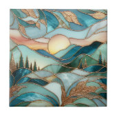Golden Mountain Peaks Forest Stained Glass Art タイル (正面)