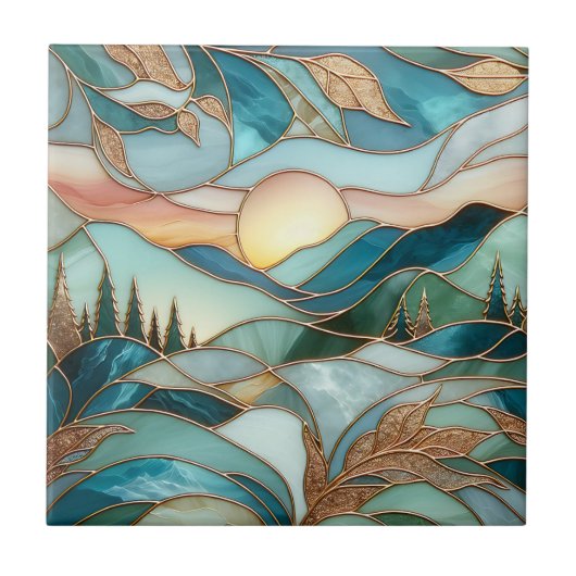 Golden Mountain Peaks Forest Stained Glass Art タイル (正面)