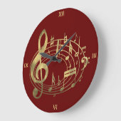 Golden Musical Notes in Oval Shape on Red ラージ壁時計 (傾斜)