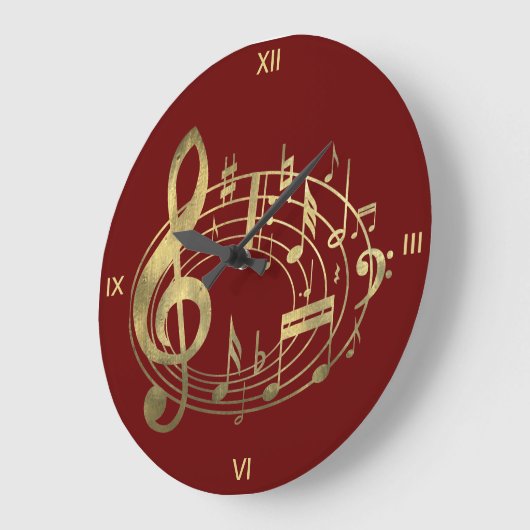 Golden Musical Notes in Oval Shape on Red ラージ壁時計 (傾斜)