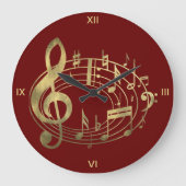 Golden Musical Notes in Oval Shape on Red ラージ壁時計 (正面)