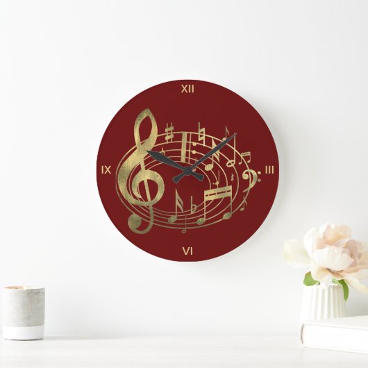 Golden Musical Notes in Oval Shape on Red ラージ壁時計 (ホーム)