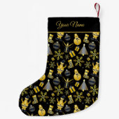 Golden Name Santa Snowman Gift Pattern Black スモールクリスマスストッキング (裏面)