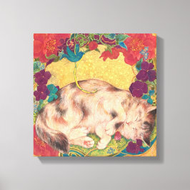  Golden Nap: Feline Serenity in Bloom キャンバスプリント