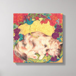 Golden Nap: Feline Serenity in Bloom キャンバスプリント