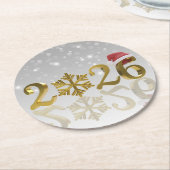 Golden New Year 2026 with Snowflake and Santa Hat ラウンドペーパーコースター (アングル)