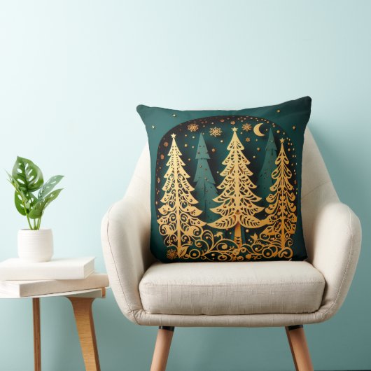 Golden Night Woodland – Christmas Tree Pattern クッション (椅子)