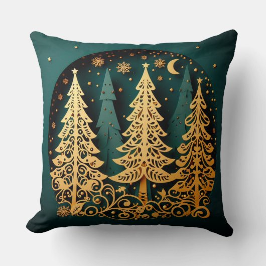 Golden Night Woodland – Christmas Tree Pattern クッション (正面)