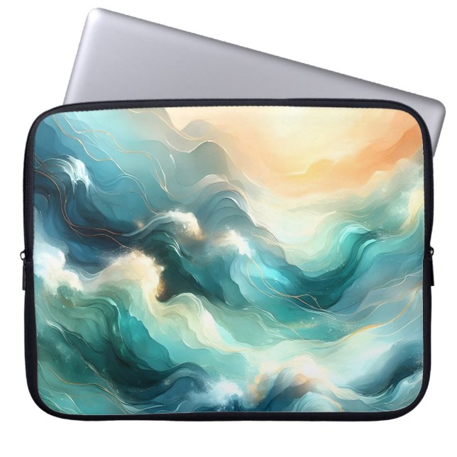 Golden Ocean Flow Abstract Waves ラップトップスリーブ (正面)