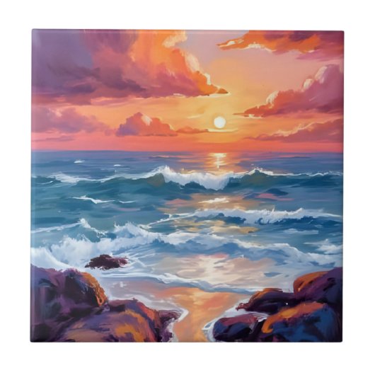 Golden Ocean Sunset | Watercolor Coastal Radiant タイル (正面)