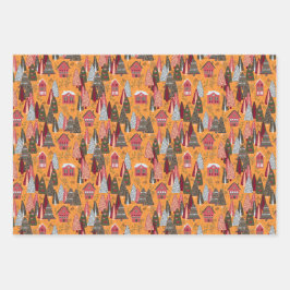 Golden Orange Christmas Forest Village Birds ラッピングペーパーシート