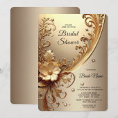 Golden Ornate Floral Bridal Shower 招待状 (正面/裏面)