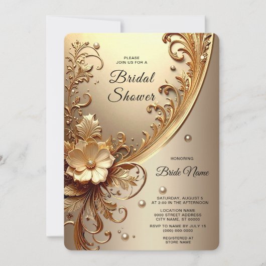Golden Ornate Floral Bridal Shower 招待状 (正面)