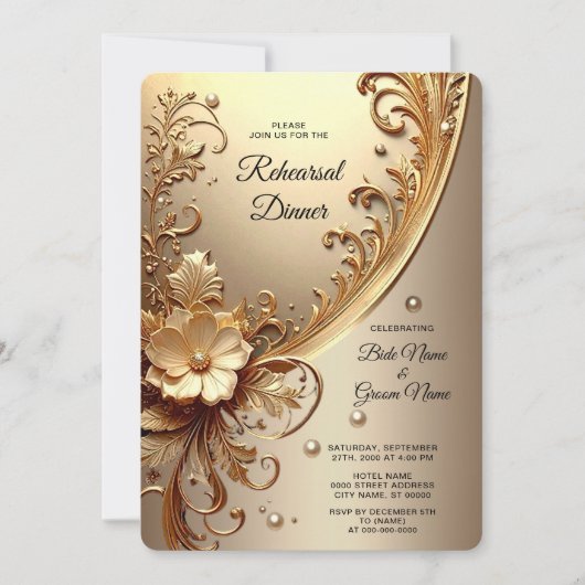 Golden Ornate Floral Rehearsal Dinner 招待状 (正面)