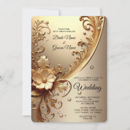 Golden Ornate Floral Wedding Invitation 招待状