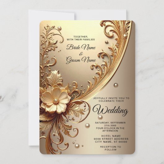 Golden Ornate Floral Wedding Invitation 招待状 (正面)