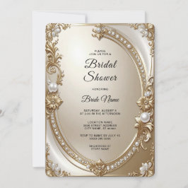 Golden Ornate Frame with Pearls Bridal Shower 招待状